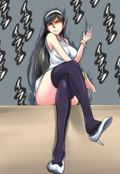 Rule 34 | 10s, 1girl, angry, aura, black hair, crossed legs, female focus, from below, glaring, grey background, headband, high heels, highres, hip focus, kumashiro maya, legs, long hair, looking at viewer, looking down, seikimatsu occult gakuin, shoe dangle, shoes, sian, simple background, sitting, solo, thighhighs, translated, wide hips