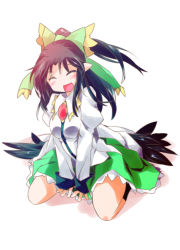 Rule 34 | 1girl, ^ ^, arm support, between thighs, black hair, blush, bow, breasts, breasts squeezed together, cape, closed eyes, hair bow, happy, kneeling, long hair, open mouth, ponytail, reiuji utsuho, simple background, sitting, skirt, smile, solo, third eye, touhou, v arms, wariza, white background, wings
