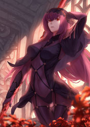 Rule 34 | 1girl, arched back, bodysuit, fate/grand order, fate (series), flower, indoors, long hair, looking to the side, navel, pale skin, parted lips, polearm, purple bodysuit, purple hair, red eyes, scathach (fate), see-through, skin tight, solo, spear, weapon, whitem (whiteemperor2020)