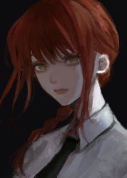 Rule 34 | 1girl, @ @, black background, black necktie, braid, chainsaw man, closed mouth, eyelashes, highres, inuo (inuo x), long eyelashes, long hair, looking at viewer, makima (chainsaw man), necktie, red hair, red lips, ringed eyes, simple background, solo, upper body, yellow eyes