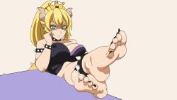 Rule 34 | 1girl, animated, animated gif, barefoot, black nails, blonde hair, blue eyes, bowsette, breasts, cleavage, crown, feet, highres, long hair, mario (series), nail polish, new super mario bros. u deluxe, nintendo, smile, soles, solo, tail, toes, zorzero