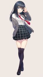 Rule 34 | 1girl, arm behind back, beige background, black footwear, black hair, black skirt, black thighhighs, blue eyes, breasts, buttons, cardigan, closed mouth, collared shirt, crossed legs, full body, grey background, grey cardigan, hand up, highres, hyuuga azuri, long hair, long sleeves, looking at viewer, loose necktie, mary janes, medium breasts, miniskirt, necktie, off shoulder, open cardigan, open clothes, original, plaid, plaid skirt, pleated skirt, red necktie, school uniform, shirt, shirt tucked in, shoes, simple background, skirt, smile, solo, standing, striped necktie, striped neckwear, thighhighs, watson cross, white shirt, zettai ryouiki