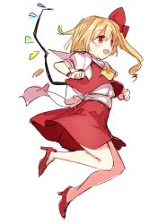 Rule 34 | 1girl, ascot, back bow, blonde hair, bow, clenched hands, collared shirt, crystal, fang, flandre scarlet, frilled sleeves, frills, full body, hair between eyes, hair ribbon, high heels, highres, no headwear, one side up, open mouth, paragasu (parags112), puffy short sleeves, puffy sleeves, red eyes, red footwear, red ribbon, red skirt, red vest, ribbon, shirt, short hair, short sleeves, simple background, skirt, skirt set, smile, solo, touhou, vest, white background, white bow, white shirt, wings, yellow ascot