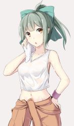 Rule 34 | 1girl, :o, aqua bow, blunt bangs, blush, bow, breasts, brown eyes, clothes around waist, collarbone, cowboy shot, drying, gin&#039;ichi (akacia), green hair, grey background, hair bow, hand on own hip, highres, kantai collection, looking at viewer, medium breasts, navel, open mouth, orange pants, pants, ponytail, see-through, shirt, short hair, simple background, sleeveless, solo, standing, stomach, sweatband, tank top, towel, wet, wet clothes, white shirt, yuubari (kancolle)
