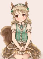 Rule 34 | 1girl, animal ears, beige background, blonde hair, blush, brown eyes, earrings, floral print, frilled shirt collar, frilled skirt, frilled sleeves, frills, frown, hairband, hands on lap, highres, idolmaster, idolmaster cinderella girls, jewelry, kemonomimi mode, layered skirt, looking away, lpfv yuzu mikan, morikubo nono, official alternate costume, puffy short sleeves, puffy sleeves, ribbon, ringlets, seiza, short sleeves, simple background, sitting, skirt, solo, squirrel ears, squirrel girl, squirrel tail, tail, vest