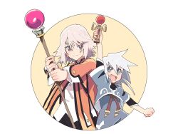Rule 34 | 1boy, 1girl, age difference, azuma yukihiko, blue eyes, brother and sister, genius sage, grey eyes, grey hair, highres, holding, holding staff, holding toy, kendama, long sleeves, looking at another, medium hair, raine sage, siblings, staff, tales of (series), tales of symphonia, toy, white hair