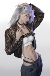 absurdres adjusting_hair black_choker chainsaw_man choker eyepatch from_side highres jacket liu2e3ing midriff navel open_clothes open_jacket ponytail quanxi_(chainsaw_man) simple_background tank_top white_background white_hair