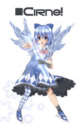 Rule 34 | 1girl, absurdres, adapted costume, asymmetrical legwear, blue eyes, blue hair, bracelet, character name, checkered clothes, checkered legwear, cirno, crystal sword, gloves, highres, horarezonu, ice, ice skates, ice wings, jewelry, matching hair/eyes, mismatched legwear, nail polish, necklace, open mouth, pantyhose, patterned legwear, short hair, single glove, skates, solo, sword, touhou, weapon, wings