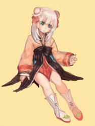 Rule 34 | 1girl, blue eyes, blush, boots, bow, bright pupils, brown sash, bun cover, buubuu (loli69), chinese commentary, commentary request, double bun, full body, hair bow, hair bun, hanbok, korean clothes, long hair, looking down, open mouth, orange hanbok, ragnarok online, red bow, simple background, sleeves past wrists, solo, soul linker (ragnarok online), white footwear, white hair, white pupils, yellow background