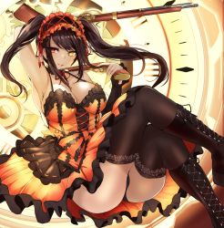 Rule 34 | 1girl, absurdres, agetama, armpits, bare shoulders, black hair, black panties, black thighhighs, blush, boots, breasts, cleavage, clip studio paint (medium), clock eyes, commentary request, cross-laced footwear, date a live, dress, hairband, heterochromia, highres, lace, lace-trimmed legwear, lace-up boots, lace trim, lolita fashion, lolita hairband, long hair, looking at viewer, open mouth, panties, pantyshot, platform boots, platform footwear, red eyes, ribbon, smile, solo, symbol-shaped pupils, thighhighs, tokisaki kurumi, twintails, underwear, yellow eyes