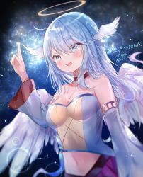 Rule 34 | 1girl, :d, absurdres, angel, angel wings, bad id, bad pixiv id, bare shoulders, blue sleeves, blush, breasts, brown choker, choker, cleavage, commentary request, commission, detached sleeves, eyes visible through hair, feathered wings, hair between eyes, halo, hand up, head wings, highres, index finger raised, korean text, long sleeves, medium breasts, navel, night, night sky, open mouth, original, pleated skirt, purple skirt, rucaco, signature, skeb commission, skirt, sky, smile, solo, sparkle, strapless, white wings, wide sleeves, wings