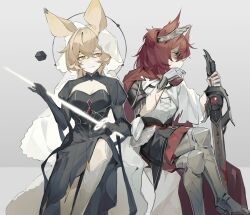 Rule 34 | 2girls, akechi (826988799), animal ears, arknights, armor, black dress, black skirt, blonde hair, breasts, bridal veil, cape, capelet, chinese commentary, cleavage, cleavage cutout, clothing cutout, commentary request, crossed legs, dorothy (arknights), dorothy (hand of destiny) (arknights), dress, elbow gloves, feather hair, feet out of frame, fiammetta (arknights), fiammetta (divine oath) (arknights), gauntlets, gloves, gradient background, greatsword, greaves, grey background, highres, holding, holding sword, holding weapon, knee cutout, long sleeves, looking to the side, medium breasts, mouse ears, multiple girls, official alternate costume, rapier, red cape, red eyes, red hair, scratches, shirt, short hair, skirt, sword, thighhighs, veil, weapon, white capelet, white shirt, white thighhighs, wiping mouth, yellow eyes