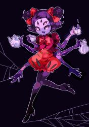 Rule 34 | 1girl, bow, colored skin, extra arms, extra eyes, fangs, high heels, highres, arthropod girl, monster girl, muffet, purple skin, ribbon, solo, spider girl, tea, thighhighs, undertale