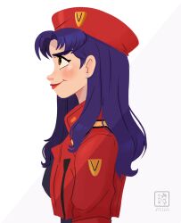 Rule 34 | 1girl, blue hair, brown eyes, closed mouth, commentary, cropped jacket, earrings, english commentary, hair behind ear, hat, highres, jacket, jewelry, katsuragi misato, long hair, looking ahead, looking up, miadresden, neon genesis evangelion, profile, red hat, red jacket, red lips, smile, solo, watermark, white background