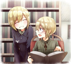 Rule 34 | 2girls, blonde hair, blue eyes, book, closed eyes, erica hartmann, glasses, grin, liar lawyer, military, military uniform, multiple girls, open mouth, ribbon, short hair, siblings, sisters, smile, strike witches, strike witches: suomus misfits squadron, twins, uniform, ursula hartmann, world witches series