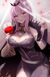 Rule 34 | artist name, belt, breasts, cleavage, cup, detached sleeves, drinking glass, eyebrows, eyelashes, glass, highres, holding wine glass, hololive, hololive english, kamaniki, large breasts, long hair, mori calliope, particles, pink hair, red eyes, robe, simple background, smirk, tagme, teeth, thighhighs, veil, very long hair, virtual youtuber, wine glass