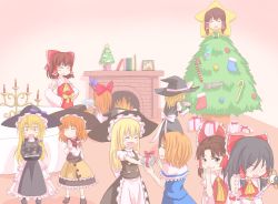 Rule 34 | &gt; &lt;, 6+girls, alice margatroid, azusa (cookie), benikurage (cookie), black headwear, black jacket, black skirt, black vest, blonde hair, blouse, blue dress, blush, book, bow, braid, brown eyes, brown hair, candelabra, candle, candlestand, candy, candy cane, capelet, christmas, christmas ornaments, christmas stocking, christmas tree, cirno, cirno (cookie), closed mouth, commentary request, cookie (touhou), cup, dress, fire, fireplace, fire, floral bow, food, frilled bow, frilled hair tubes, frills, full body, gift, hair between eyes, hair bow, hair tubes, hairband, hakurei reimu, hat, hat bow, hazuna rio, highres, hinase (cookie), ibuki suika, jacket, kanna (cookie), kirisame marisa, long hair, looking at another, looking to the side, mars (cookie), medium hair, microphone, multiple girls, no eyes, nose blush, open mouth, orange hair, parted bangs, petticoat, puhaa, purple bow, red bow, red hairband, rei (cookie), reu (cookie), rock, sananana (cookie), shirt, short hair, side braid, single braid, skirt, smile, squid, star (symbol), touhou, turtleneck, upper body, uzuki (cookie), vest, white bow, white capelet, white shirt, witch hat, yamin (cookie), yin yang, yunomi