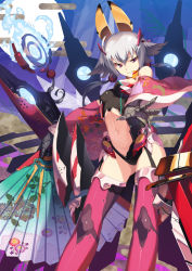 Rule 34 | 1girl, ahoge, armor, bare shoulders, bodysuit, boots, claws, clothing cutout, cloud, detached sleeves, faulds, floating hair, floral print, folding fan, full moon, garter straps, gauntlets, glowing, greaves, grin, groin, hair between eyes, hair flaps, hair ornament, hand fan, headgear, holding, japanese clothes, leotard, long hair, looking at viewer, low twintails, masa (masa-koba), mecha musume, moon, navel, navel cutout, night, night sky, original, outdoors, paper fan, pink footwear, purple eyes, short hair, sky, smile, solo, standing, thigh boots, thighhighs, twintails, white hair, wide sleeves