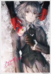 Rule 34 | 1girl, 1other, arknights, ascot, black ascot, black jacket, black vest, blood, border, collared shirt, cowboy shot, dated, dragon girl, dragon horns, flower, gloves, grey hair, grey skirt, hair intakes, heiwari kanade, highres, horns, jacket, looking at viewer, lying, on back, out of frame, parted lips, pleated skirt, red gloves, shirt, short hair, signature, skirt, solo focus, talulah (arknights), vest, white border, white shirt