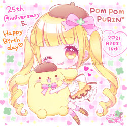 Rule 34 | 1girl, ;p, animal, anniversary, apron, beret, blonde hair, blunt bangs, blush, boots, bow, brown eyes, brown footwear, brown headwear, character name, closed mouth, commentary request, cross-laced footwear, dated, dog, dress, flower-shaped pupils, frilled apron, frilled dress, frills, happy birthday, hat, heart, himetsuki luna, lace-up boots, long hair, one eye closed, orange dress, personification, pink background, pink bow, plaid, plaid background, pompompurin, puffy short sleeves, puffy sleeves, purple legwear, ringlets, sanrio, short sleeves, smile, socks, sparkle, symbol-shaped pupils, tongue, tongue out, twintails, twitter username, very long hair, white apron