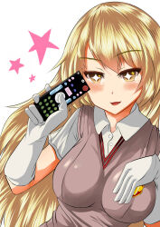 Rule 34 | 1girl, :d, absurdres, blonde hair, blush, breasts, bright pupils, brown eyes, brown sweater, brown sweater vest, brown vest, collared shirt, commentary, controller, elbow gloves, emblem, gloves, hair between eyes, hand on own chest, hand up, highres, holding, holding remote control, large breasts, long hair, looking at viewer, medium bangs, open mouth, power symbol, remote control, ringsel, school emblem, school uniform, shirt, shokuhou misaki, short sleeves, simple background, sleeveless, sleeveless sweater, smile, solo, sparkle, star-shaped pupils, star (symbol), summer uniform, sweater, sweater vest, symbol-shaped pupils, toaru kagaku no railgun, toaru majutsu no index, tokiwadai school uniform, upper body, vest, white background, white gloves, white pupils, white shirt