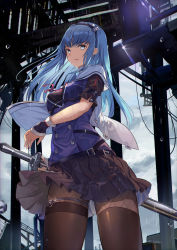 Rule 34 | 1girl, belt, black shirt, blue eyes, blue hair, blue vest, breasts, brown thighhighs, buttons, capelet, cowboy shot, double-breasted, expressionless, fishnet pantyhose, fishnets, floating hair, gradient hair, hairband, highres, holding, holding sheath, long hair, looking at viewer, medium breasts, mosta (lo1777789), multicolored hair, original, pantyhose, parted lips, pleated skirt, purple skirt, rain, sheath, sheathed, shirt, short sleeves, sidelocks, skirt, solo, standing, sword, thigh strap, thighhighs, vest, weapon, wind, wrist cuffs
