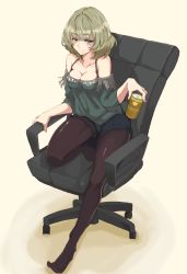 Rule 34 | 10s, 1girl, absurdres, bare shoulders, beer can, blue eyes, breasts, brown hair, can, chair, cleavage, drink can, green eyes, heterochromia, highres, idolmaster, idolmaster cinderella girls, looking at viewer, mole, mole under eye, naga1047, no shoes, pantyhose, short hair, smile, solo, takagaki kaede