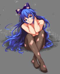 Rule 34 | 1girl, black pantyhose, blue bow, blue eyes, blue hair, bow, closed mouth, commentary, debt, full body, grey background, hair bow, knees up, long hair, looking at viewer, navel, pantyhose, pixel art, puck100ml, simple background, sitting, solo, touhou, very long hair, yorigami shion