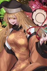 Rule 34 | 1girl, absurdres, black background, black hat, blonde hair, breasts, commentary request, constellation print, detached sleeves, drum, energy, grey hat, hair between eyes, hand up, hat, highres, instrument, large breasts, long hair, long sleeves, looking to the side, matara okina, open mouth, orange tabard, red eyes, shirt, simple background, smile, solo, standing, tabard, teeth, tongue, touhou, tsuzumi, white shirt, wide sleeves, yama kabosu