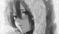 1girl bad_id bad_pixiv_id breath coat fur-trimmed_coat fur-trimmed_hood fur_trim hood mikasa_ackerman monochrome nozawa_yukiko shingeki_no_kyojin snowing