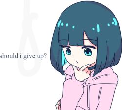 Rule 34 | 1girl, aqua eyes, blunt bangs, bob cut, chibikki, choker, closed mouth, colored inner hair, dot nose, english text, green hair, hand on own chin, hand up, hood, hood down, hoodie, long sleeves, man looking at noose (meme), meme, multicolored hair, nanako (chibikki), noose, original, pink hoodie, short hair, silhouette, simple background, solo, stroking own chin, thinking, two-tone hair, upper body, white background