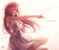 Rule 34 | 1girl, bare shoulders, blue eyes, breasts, cleavage, copyright name, crying, crying with eyes open, dress, english text, expressionless, flower, head wreath, highres, index finger raised, just be friends (vocaloid), large breasts, long hair, looking away, megurine luka, nail polish, outstretched arm, parted lips, petals, pink flower, pink hair, pink nails, rose, sad, sapphirez39, simple background, sleeveless, solo, solo focus, song name, standing, string, string of fate, tears, vocaloid, white background, white dress