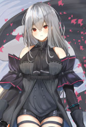 Rule 34 | 1girl, aratake, arknights, ascot, bare shoulders, black ascot, black gloves, black shirt, black shorts, blush, breasts, feet out of frame, gloves, grey hair, highres, large breasts, long hair, looking at viewer, open mouth, red eyes, shirt, shorts, simple background, skadi (arknights), skadi (elite ii) (arknights), solo, standing, wide sleeves