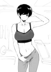 Rule 34 | 1girl, :o, breasts, cleavage, commentary, english commentary, greyscale, hand in own hair, highres, large breasts, monochrome, navel, norman maggot, olive laurentia, original, panties, pants, panty pull, short hair, sketch, sports bra, sweat, sweatpants, underwear