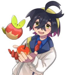 Rule 34 | 1boy, :d, ahoge, apple, applin, aritsune01, black hair, blue shirt, blush, collared shirt, colored inner hair, commentary, creatures (company), crossed bangs, cupping hands, food, fruit, game freak, gen 8 pokemon, gloves, hair between eyes, hairband, hands up, holding, holding food, holding fruit, jacket, kieran (pokemon), male focus, mole, mole on neck, multicolored hair, necktie, nintendo, open mouth, own hands together, partially fingerless gloves, pokemon, pokemon (creature), pokemon sv, red necktie, shirt, single glove, smile, symbol-only commentary, tongue, white background, white jacket, yellow eyes, yellow hairband