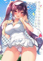 Rule 34 | 1girl, blush, breasts, cleavage, clothes lift, collar, cover, cover page, dripping, fence, frilled panties, frills, happy, long hair, looking at viewer, miniskirt, open mouth, original, outdoors, panties, purple hair, red eyes, sazaki ichiri, skirt, skirt lift, solo, sportswear, sweat, sweatdrop, tennis uniform, thighs, towel, towel around neck, translation request, twintails, underwear, visor cap, white panties
