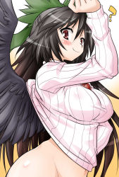 Rule 34 | 1girl, ?, akou roushi, alternate costume, ass, black hair, black wings, blush, bottomless, bow, breasts, clueless, curvy, female focus, groin, hair bow, large breasts, long hair, looking at viewer, naked sweater, navel, out-of-frame censoring, red eyes, reiuji utsuho, ribbed sweater, smile, solo, sweater, touhou, wings, you&#039;re doing it wrong