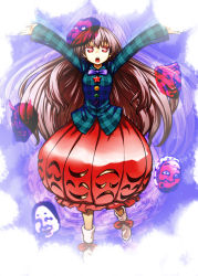 Rule 34 | 1girl, arms up, blue bow, blue bowtie, boots, bow, bowtie, bubble skirt, buttons, chestnut mouth, expressionless, full body, hata no kokoro, highres, itou yuuji, long hair, long sleeves, looking at viewer, mask, mask on head, monkey mask, mouth mask, oni mask, open mouth, pink eyes, pink hair, pink skirt, plaid, plaid shirt, red eyes, shirt, skirt, solo, star (symbol), teeth, touhou, very long hair, white footwear