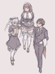 Rule 34 | 1boy, 2girls, andressina, breasts, brown hair, butler, coffee, destiny child, glasses, hildr (destiny child), large breasts, maid, maid headdress, morgan (destiny child), multiple girls, silver hair, simple background, tagme, thighhighs, verdelet (destiny child)