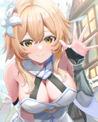 Rule 34 | 1girl, amaner, bare shoulders, black gloves, blonde hair, blush, breasts, building, cleavage, close-up, closed mouth, day, dress, feather hair ornament, feathers, flower, gauntlets, genshin impact, gloves, hair between eyes, hair flower, hair ornament, highres, large breasts, leaning forward, looking at viewer, lumine (genshin impact), outdoors, short hair with long locks, smile, solo, upper body, waving, white dress, yellow eyes