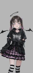 Rule 34 | 1girl, :d, absurdres, bad id, bad twitter id, black choker, black shirt, blue eyes, brown hair, choker, cowboy shot, detached sleeves, detached wings, earrings, gishiki (gshk), gradient hair, grey background, halo, highres, jewelry, layered skirt, long hair, long sleeves, looking at viewer, multicolored hair, open mouth, original, pentacle, pink skirt, shirt, short sleeves, simple background, skirt, smile, solo, standing, striped clothes, striped thighhighs, stud earrings, thighhighs, twintails, underbust, wings