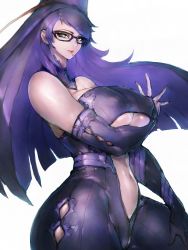 Rule 34 | 1girl, arm under breasts, bare shoulders, bayonetta, bayonetta (series), black-framed eyewear, breasts, center opening, clothing cutout, curvy, fumio (rsqkr), glasses, hat, highres, large breasts, long hair, looking at viewer, mole, mole under mouth, nail polish, purple hair, purple nails, red lips, smile, solo, swept bangs, thick thighs, thighs, underboob, underboob cutout