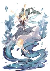 Rule 34 | 1girl, ai-wa, arms up, bloomers, blue eyes, blue hair, bobby socks, cirno, dress, full body, ice, kneehighs, lace, mary janes, matching hair/eyes, outstretched arms, shoes, short hair, simple background, skirt, skirt set, socks, solo, team shanghai alice, touhou, underwear, water, white socks, wings