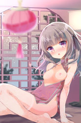 Rule 34 | 1girl, :o, bare arms, bare shoulders, black ribbon, blue dress, blurry, blurry foreground, blush, breasts, breasts out, china dress, chinese clothes, depth of field, dress, grey hair, hair ribbon, highres, indoors, kuriyuzu kuryuu, long hair, looking at viewer, medium breasts, nipples, no shoes, nose blush, original, parted lips, purple eyes, ribbon, round window, sleeveless, sleeveless dress, solo, thighhighs, white thighhighs, window