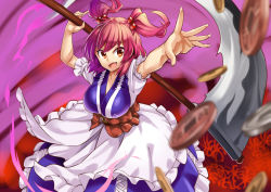 Rule 34 | 1girl, abe ranzu, breasts, coin, fang, japanese clothes, kimono, kimono skirt, large breasts, obi, onozuka komachi, open mouth, pink eyes, pink hair, puffy short sleeves, puffy sleeves, sash, scythe, short sleeves, solo, touhou, two side up