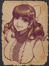 Rule 34 | 1girl, bad id, bad tumblr id, bliss barson, bow, breasts, cryamore, curly hair, earrings, faux traditional media, hair bow, jewelry, large breasts, lips, long hair, mole, mole under eye, monochrome, portrait, robaato, scarf, sepia, smile, solo