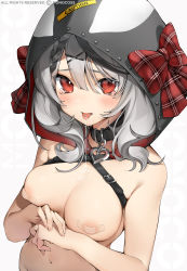 Rule 34 | 1girl, absurdres, animal hood, areola slip, bandaid, bandaids on nipples, bow, breasts, collar, crying, crying with eyes open, grey hair, hair ornament, highres, hololive, hood, hood up, large breasts, looking at viewer, monosucre, navel, nude, orca hood, pasties, piercing, plaid, plaid bow, red eyes, sakamata chloe, saliva, solo, tears, tongue, tongue out, tongue piercing, upper body, virtual youtuber, x hair ornament