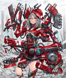 Rule 34 | 1girl, asymmetrical clothes, asymmetrical legwear, axe, bare shoulders, cable, commentary request, cyborg, expressionless, extra arms, facial mark, gia, grey hair, gun, headgear, highres, holding, holding axe, looking at viewer, mecha musume, mechanical arms, original, red eyes, rifle, science fiction, signature, solo, string, weapon