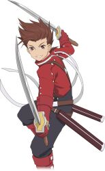 Rule 34 | 1boy, boots, brown eyes, brown hair, buttons, commentary, dual wielding, english commentary, feet out of frame, gauntlets, gloves, highres, holding, holding weapon, lloyd irving, looking at viewer, male focus, official art, pants, red footwear, red gloves, smile, solo, spiked hair, sword, tales of (series), tales of asteria, tales of symphonia, transparent background, weapon