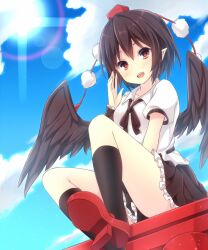 Rule 34 | 1girl, bird wings, black hair, black ribbon, black skirt, black socks, black wings, breasts, brown eyes, cloud, cloudy sky, day, feathered wings, frilled skirt, frills, geta, hat, komomo (ptkrx), legs, miniskirt, neck ribbon, open mouth, outdoors, pointy ears, pom pom (clothes), puffy short sleeves, puffy sleeves, red hat, red skirt, ribbon, shameimaru aya, shirt, shoe soles, short hair, short sleeves, sitting, skirt, sky, small breasts, socks, solo, tengu-geta, thighs, tokin hat, torii, touhou, white shirt, wings
